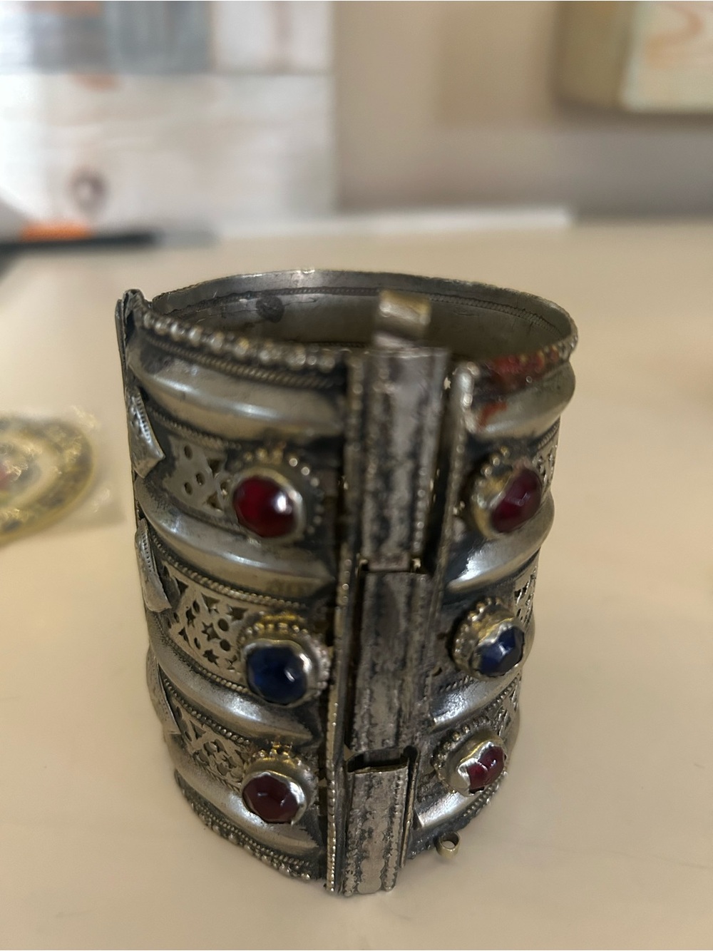 Vintage Indian Wear Silver-Tone Cuff Bracelet with Red and Blue Stones - Picture 10 of 10